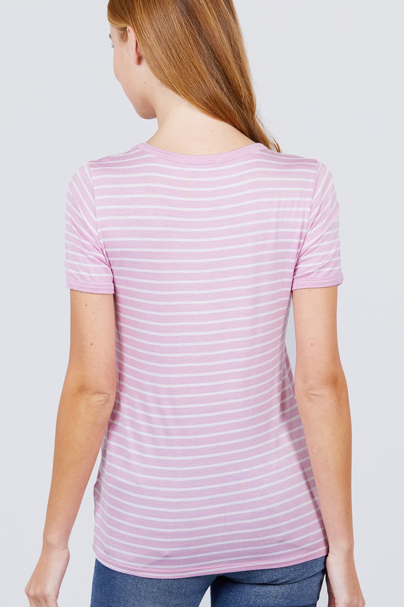 Short Sleeve Crew Neck Stripe Rayon Spandex Ringer Knit Top