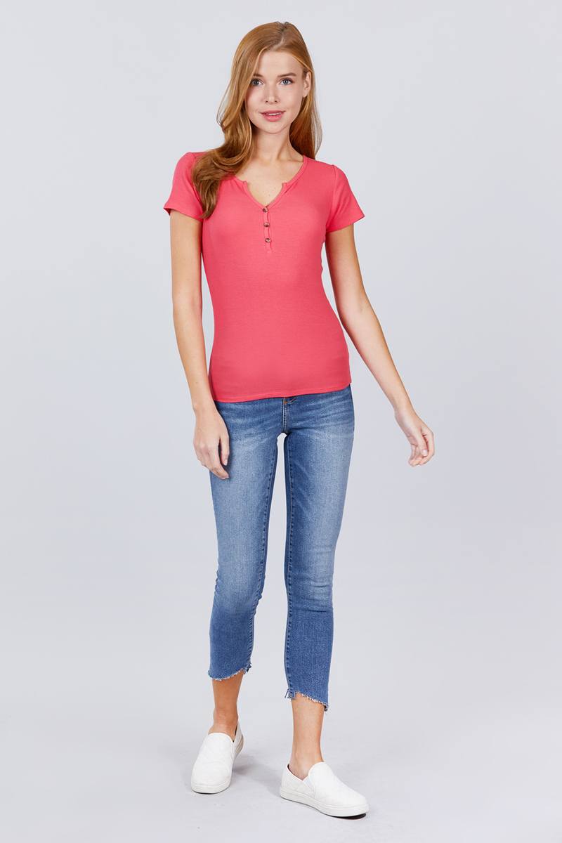 Short Sleeve W/button Detail Henley Neck Rib Knit Top