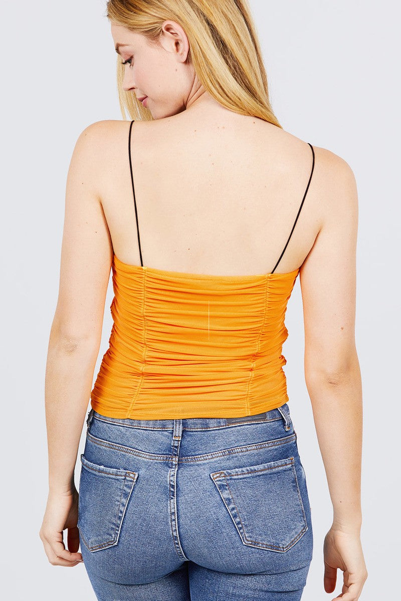 V-neck W/shirring Detail Elastic Strap Mesh Cami Top