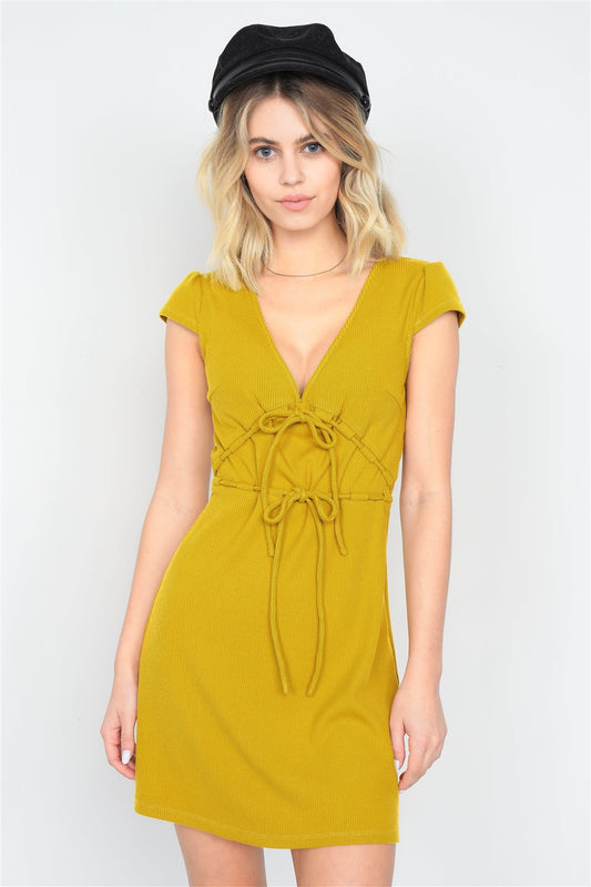 Mustard Ribbed V-neck Cap Sleeve Mini Solid Casual Dress