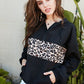 Contrast Leopard Print Front Zipper Up Kangaroo Pocket Windbreaker Hoodie