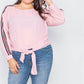 Plus Size Color Block Sleeve Front Knot Semi-sheer Top