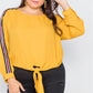 Plus Size Color Block Sleeve Front Knot Semi-sheer Top