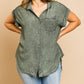 Washed Button Up Short Sleeve Top With Frayed Hemline