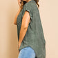 Washed Button Up Short Sleeve Top With Frayed Hemline