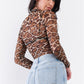 Taupe Brown Jaguar Print Sheer Mesh Mock Neck Long Sleeve Bodysuit