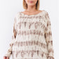 Plus Ivory Acid Wash Print Bateau Neck Relaxed Fit Long Sleeve Top