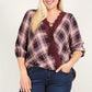 Plaid 3/4 Sleeve Top With Hi-lo Hem, V-neckline, And Relaxed Fit