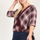 Plaid 3/4 Sleeve Top With Hi-lo Hem, V-neckline, And Relaxed Fit