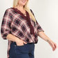 Plaid 3/4 Sleeve Top With Hi-lo Hem, V-neckline, And Relaxed Fit