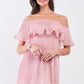 Pink Pleated Off-the-shoulder Double Layered Frill Trim Mini Dress