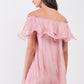 Pink Pleated Off-the-shoulder Double Layered Frill Trim Mini Dress