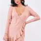 Tan Blush Ribbed Deep Plunge V-neck Asymmetrical Wrap Flare Hem Dress