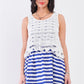 White & Navy Horizontal Striped Round Neck Sleeveless Floral Embroidery Layered Top Mini Dress