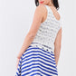 White & Navy Horizontal Striped Round Neck Sleeveless Floral Embroidery Layered Top Mini Dress