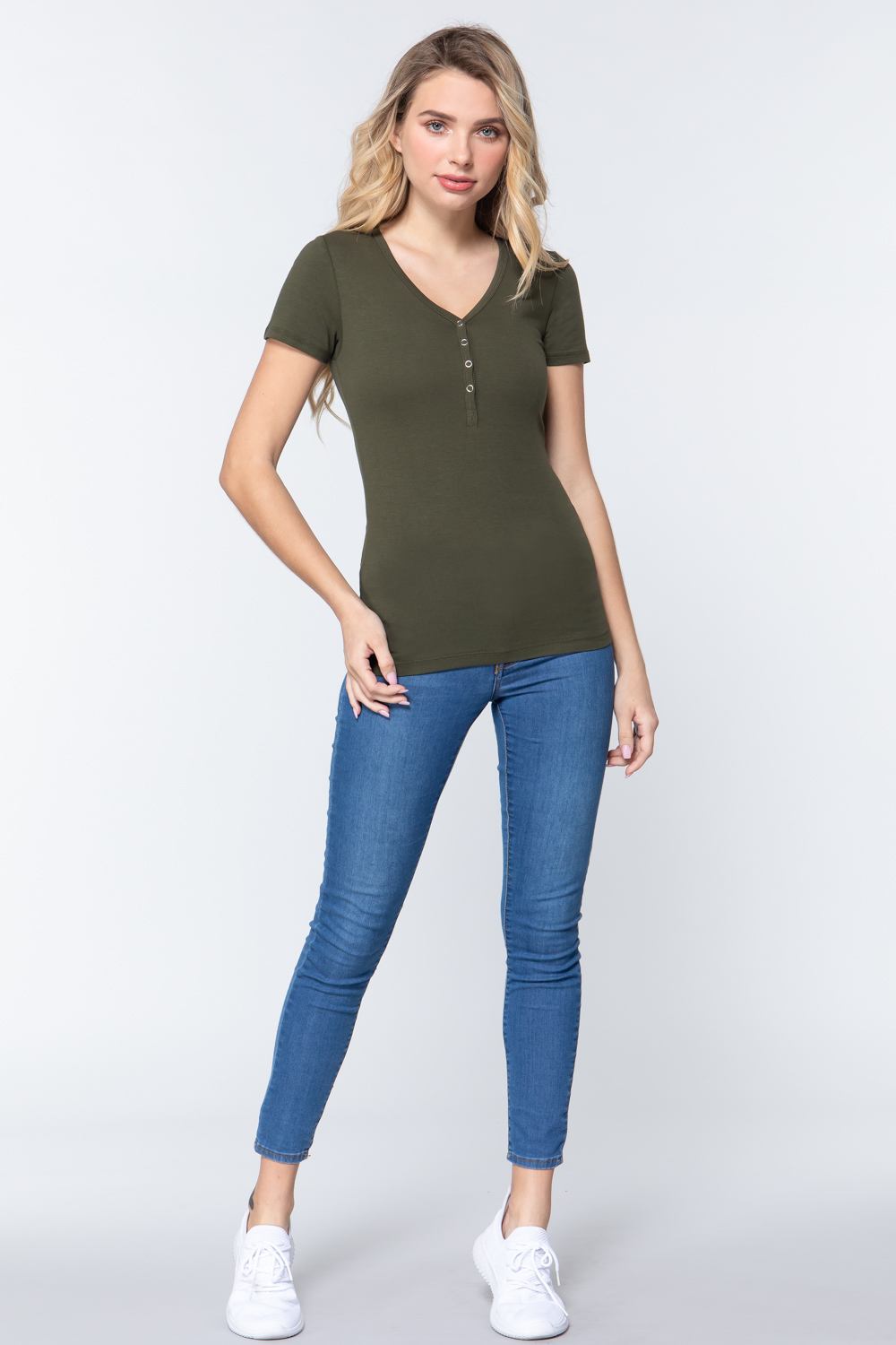 Short Slv V-neck Henley Knit Top