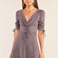 Charcoal Grey Suede Deep Plunge V-neck Gathered Detail Tight Fit Mini Dress