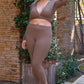 Plus Mocha Plunge Neck Long Sleeve Self-tie Back Or Front Waist Top & High-waisted Skinny Pants Set