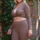 Plus Mocha Plunge Neck Long Sleeve Self-tie Back Or Front Waist Top & High-waisted Skinny Pants Set