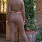 Plus Mocha Plunge Neck Long Sleeve Self-tie Back Or Front Waist Top & High-waisted Skinny Pants Set