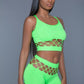 2 pc silk fishnet set that includes a tank crop top with criss-cross cami straps and a pair of high waisted booty shorts.