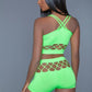 2 pc silk fishnet set that includes a tank crop top with criss-cross cami straps and a pair of high waisted booty shorts.