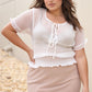 Plus Short Sleeve U-neck With Self-tie Detail Frill Smocked Sheer Top