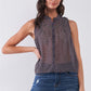 Purple & Multi Sleeveless Mock Neck Front Button Down Sheer Blouse Top