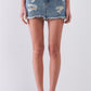 Medium Blue Washed Denim Ripped High Waist Raw Hem Detail Mini Skirt