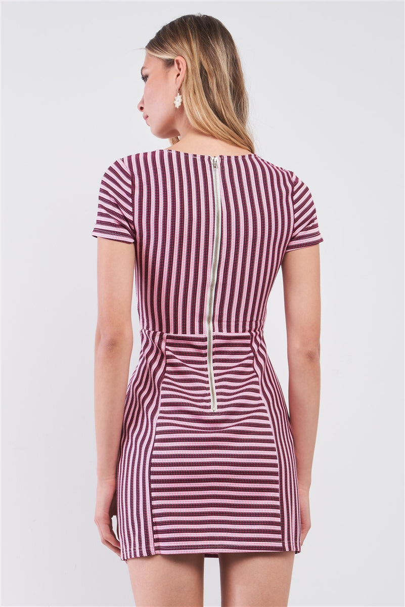 Pink & Black Striped Short Sleeve Cut-out Detail Tight Fit Mini Dress