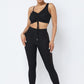 Mesh Strappy Adjustable Ruched Crop Top With Matching See Through Side Panel Leggings