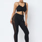 Mesh Strappy Adjustable Ruched Crop Top With Matching See Through Side Panel Leggings