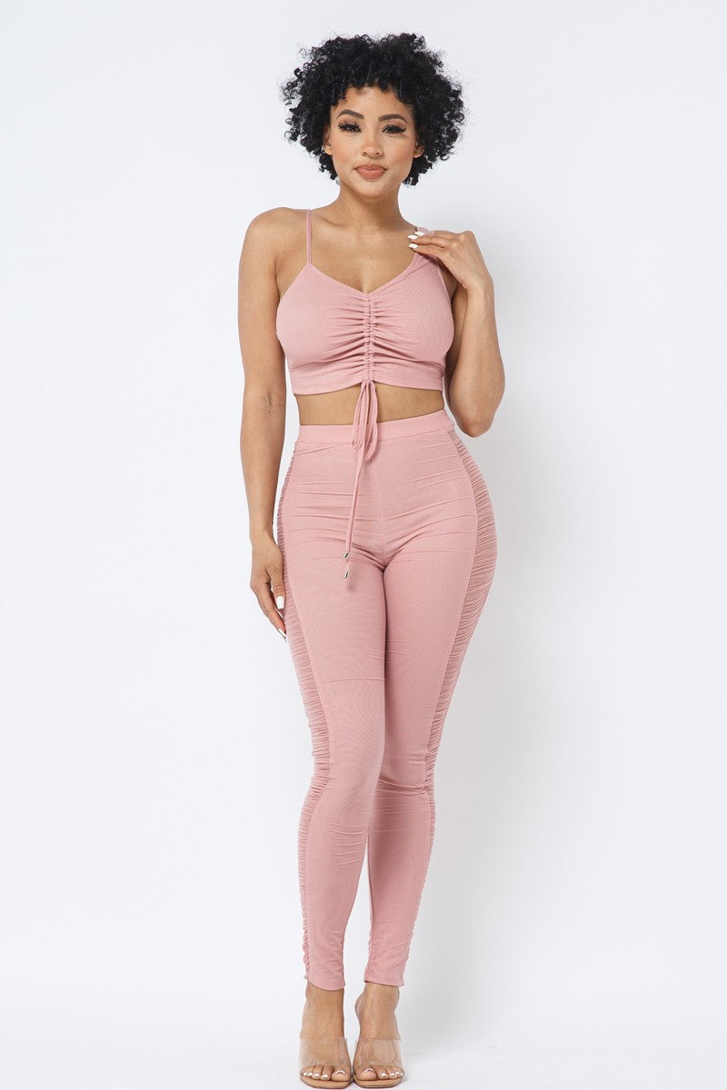 Mesh Strappy Adjustable Ruched Crop Top With Matching See Through Side Panel Leggings