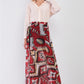 Red & Multi Vintage Graphic Print High-waisted Two Front Slits Maxi Skirt