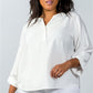 Plus Size Oatmeal Stand-up Collar Roll Tab Sleeve Blouse