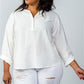 Plus Size Oatmeal Stand-up Collar Roll Tab Sleeve Blouse