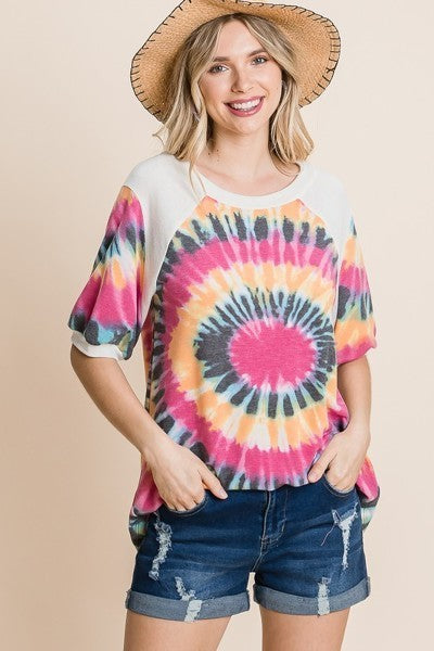 French Terry Tie Dye Printed Casual Mini Bubble Sleeves Tunic Top