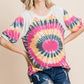 French Terry Tie Dye Printed Casual Mini Bubble Sleeves Tunic Top