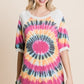 French Terry Tie Dye Printed Casual Mini Bubble Sleeves Tunic Top