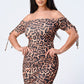 Leopard Print Off Shoulder Shirring Bodycon Dress