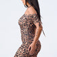 Leopard Print Off Shoulder Shirring Bodycon Dress