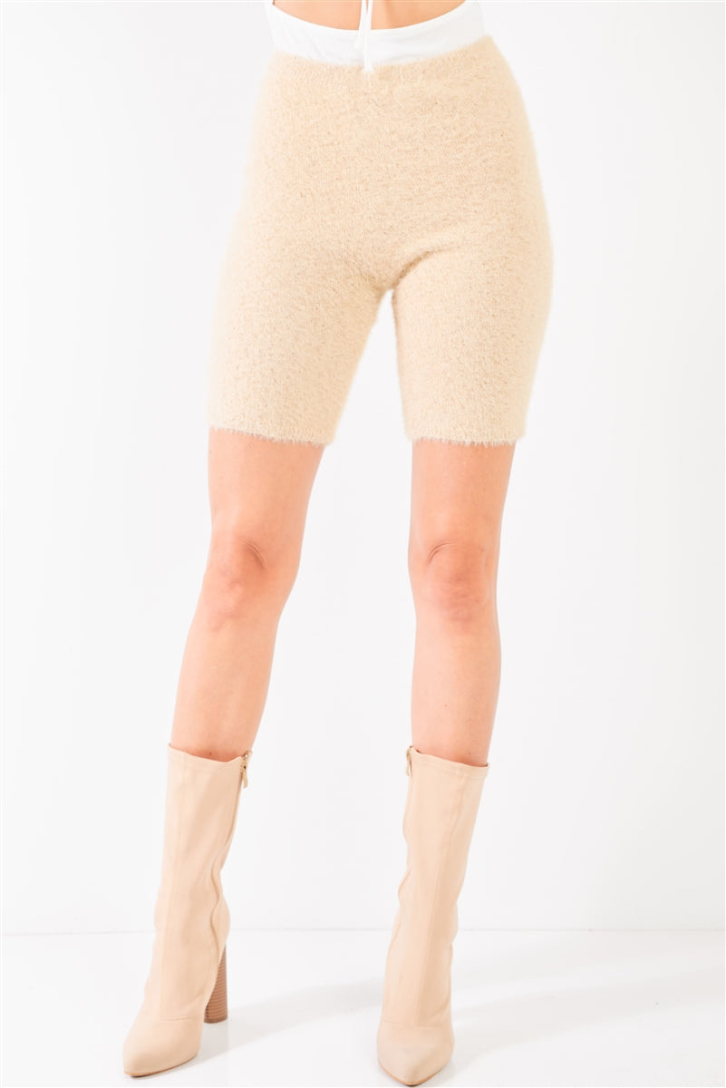 Oatmeal Beige Knit High Waist Stretchy Warm Fuzzy Biker Shorts