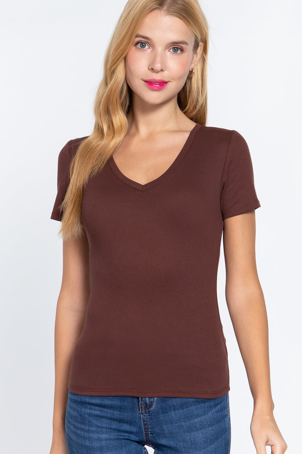 Short Sleeve V-neck Rib Top