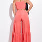 Solid Tie Front Spaghetti Strap Tank Top And Tiered Wide Leg Pants Two Piece Set