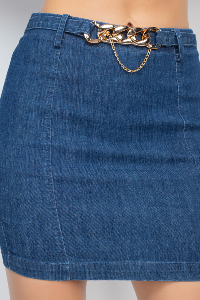 High-rise Belted Chain Denim Skirt