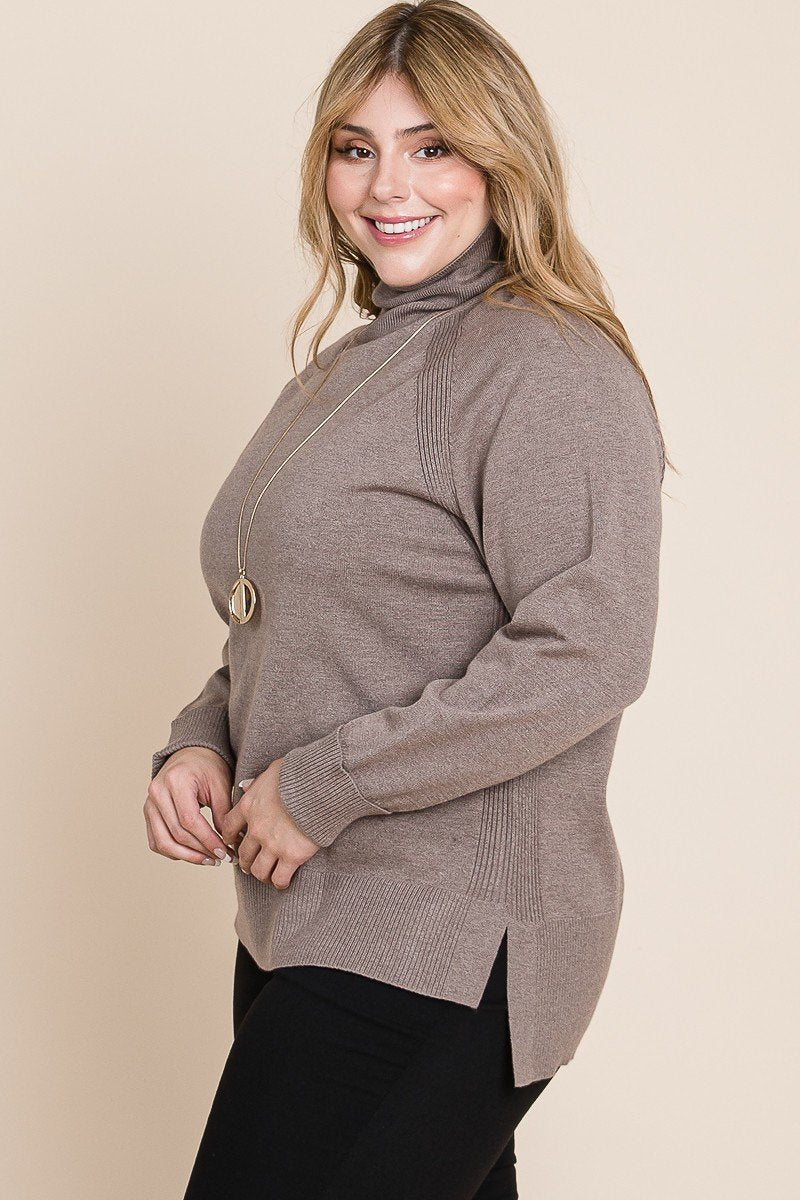 Plus Size High Quality Buttery Soft Solid Knit Turtleneck Two Tone High Low Hem Sweater