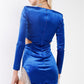 Royal Blue Velvet Side Slits With Rhinestone Trim V-neck Long Sleeve Cut-out Mini Dress