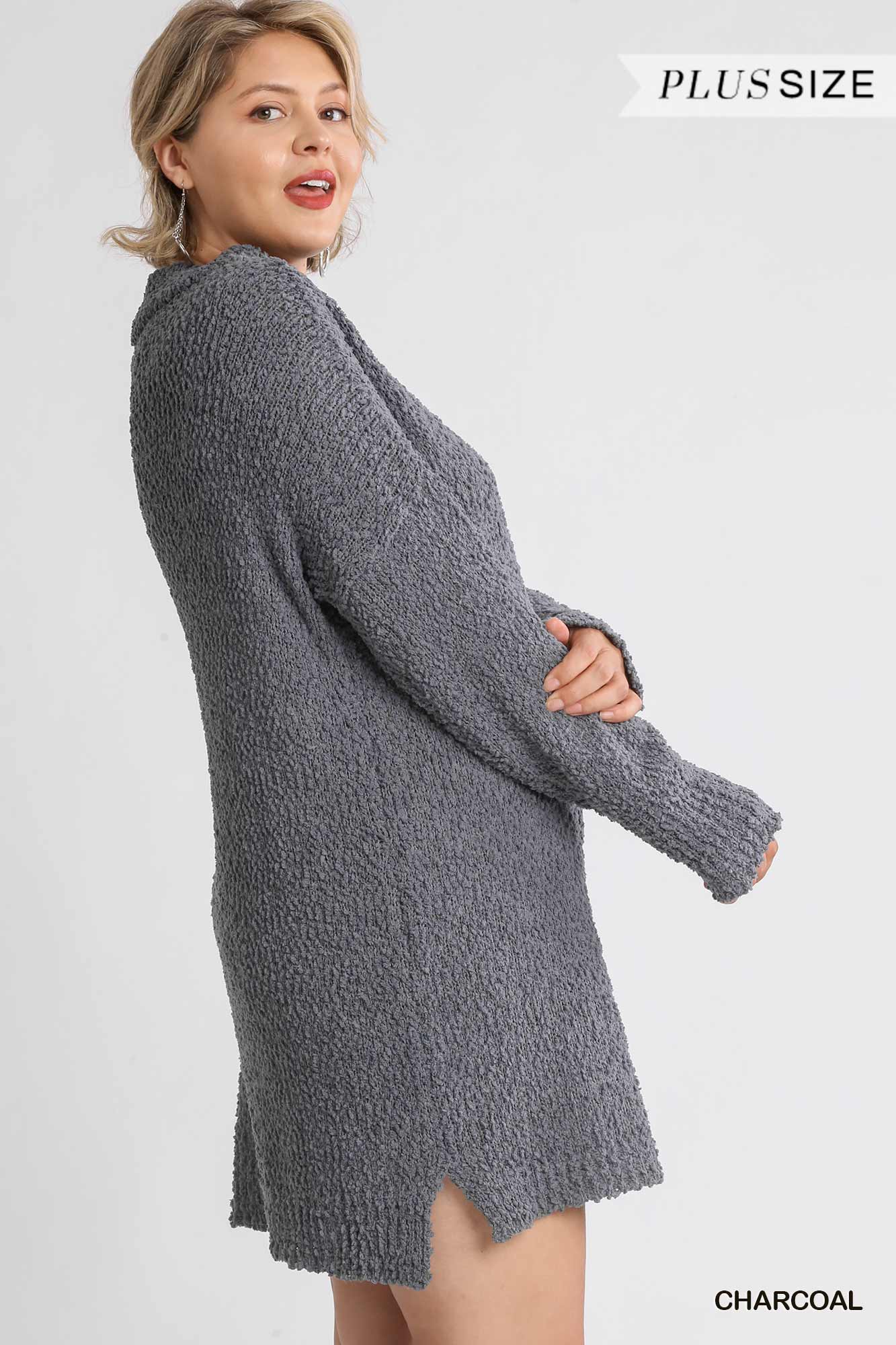 High Cowl Neck Bouclé Long Sleeve Sweater Dress