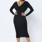 Long Sleeve Midi Dress With Low V Neck Front And Back With Ruching On Sides And Chest