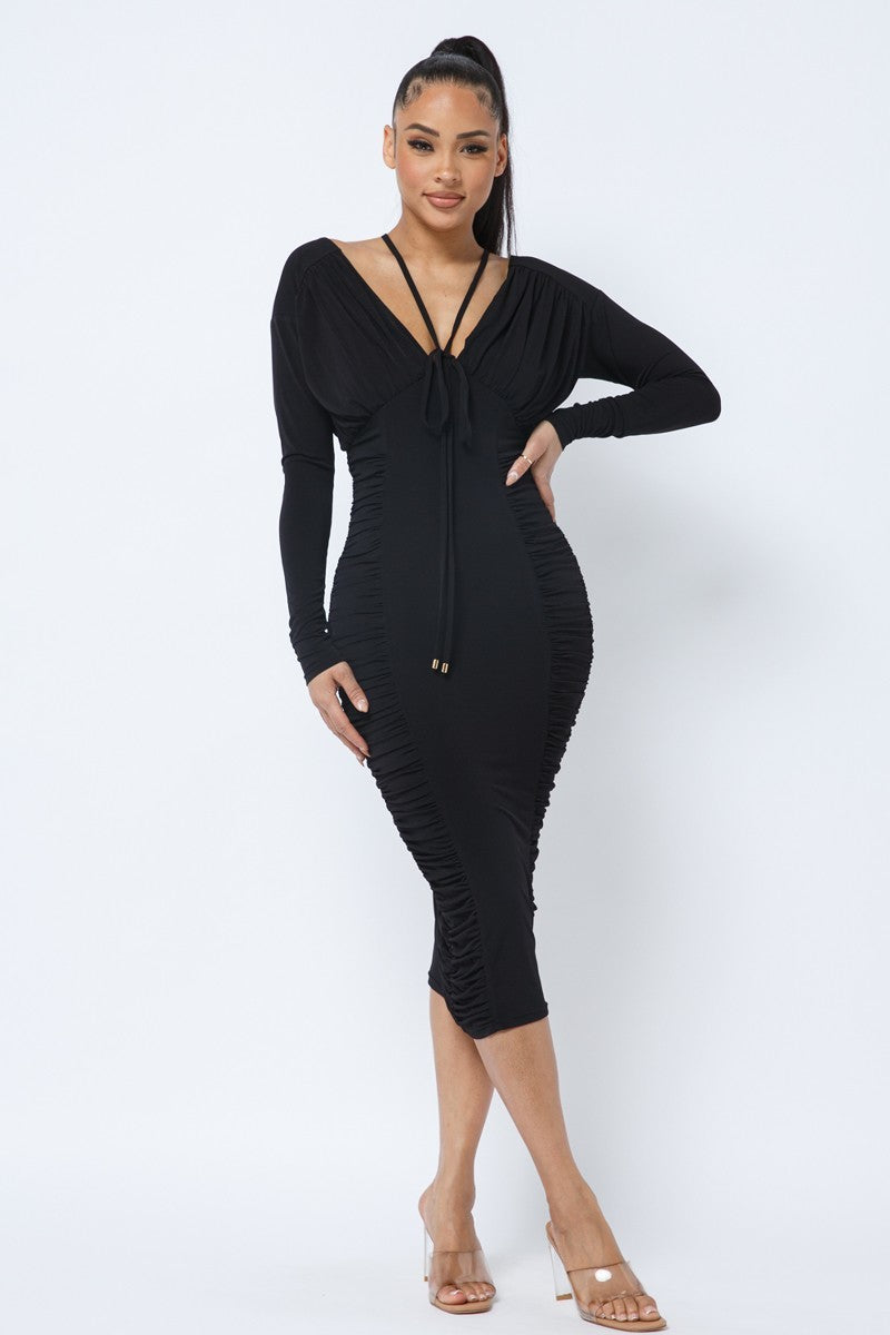 Long Sleeve Midi Dress With Low V Neck Front And Back With Ruching On Sides And Chest